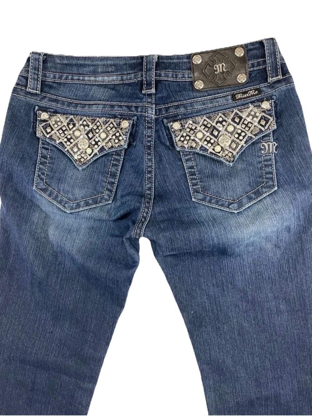 Womens Miss Me Jeans Signature Bootcut Sz 30 Long Dark Wash Thick Stitch